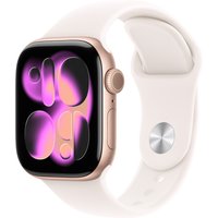 Apple Watch Series 11, rose gold aluminum case, light blush sport band, 42mm, GPS + Cellular, digital display.