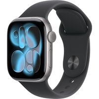 Apple Watch Series 11, 42mm Space Grey Aluminium, black sport band, vibrant display with abstract blue design.