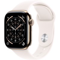Gold titanium Apple Watch Series 11 GPS + Cellular, 46mm, with white sport band and round digital crown.