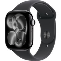 Apple Watch Series 11, 46mm jet black aluminum case, black sport band, sleek design, GPS + Cellular.