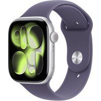 Apple Watch Series 11 GPS + Cellular, 46mm silver aluminum case, purple fog band, vibrant display with abstract design.