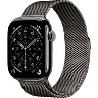 Apple Watch Series 11, 46mm slate titanium case, black Milanese loop band, round display with analog watch face.