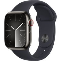 Apple Watch Series 9, graphite stainless steel case, midnight sport band, sleek black display, red accent on crown.