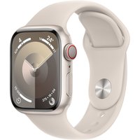 Apple Watch Series 9, 41mm Starlight Aluminum Case, GPS + Cellular, soft beige sport band, rounded display.