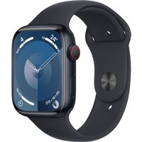 Apple Watch Series 9, 45mm, midnight aluminum case, black sport band, digital display showing time and activity icons.