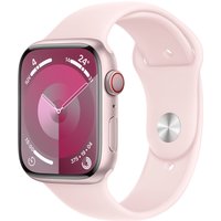 Apple Watch Series 9, 45mm pink aluminum case, light pink band, rounded edges, digital crown, vibrant display.