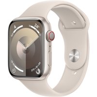 Apple Watch Series 9, 45mm Starlight Aluminum Case, GPS + Cellular, soft beige sport band, rounded edges, digital crown.