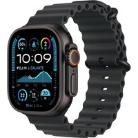 Apple Watch Ultra 2, 49mm black titanium case, black ocean band, colorful display with fitness metrics and digital crown.