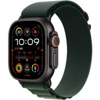 Apple Watch Ultra 2, 49mm black titanium case, dark green Alpine Loop band, colorful display, GPS + Cellular.