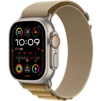 Apple Watch Ultra 2, 49mm natural titanium case, tan Alpine Loop band, colorful display with fitness icons.