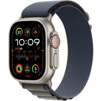 Apple Watch Ultra 2, 49mm titanium case, blue Alpine band, colorful display with multiple app icons and digital crown.