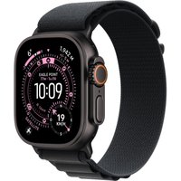 Apple Watch Ultra 3, 49mm black titanium case, GPS + Cellular, black band, digital display with pink accents.