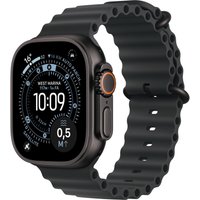 Apple Watch Ultra 3, 49mm black titanium case, GPS + Cellular, rugged black band, digital crown, and customizable face.
