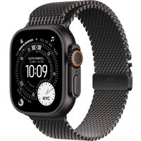 Apple Watch Ultra 3, 49mm black titanium case, GPS + Cellular, black braided band, detailed digital display.