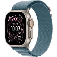 Apple Watch Ultra 3 GPS + Cellular 49mm, silver case, light blue Alpine Loop band, detailed digital display.
