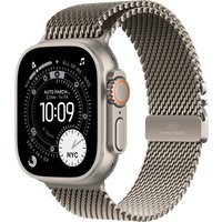 Apple Watch Ultra 3, 49mm natural titanium case, GPS + Cellular, with a sleek metallic mesh band and digital display.