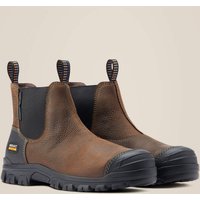 Brown Ariat men's Chelsea waterproof steel toe work boots with black elastic panels and pull tabs, UK size 8.