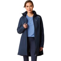 Navy Ariat women's waterproof parka with hood, zip closure, and chest pocket, worn over blue top and leggings.
