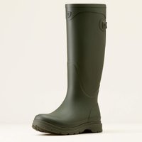Olive green Ariat women's Kelmarsh rubber boot, knee-high with adjustable side strap and textured sole.