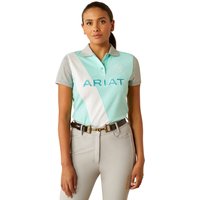 Ariat Women's Taryn Polo in Beach Glass, featuring a diagonal white stripe and gray sleeves, with ARIAT logo on chest.