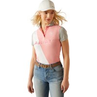 Flamingo pink Ariat women's polo with gray sleeves, white diagonal stripe, and embroidered logo on chest.
