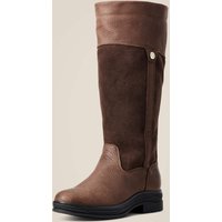 Dark brown Ariat women's waterproof boot with leather upper, suede shaft, and black sole, UK size 8.5, medium width.