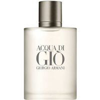 Clear frosted glass bottle with silver cap, labeled "Acqua Di Gio Giorgio Armani" in bold black text.
