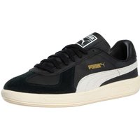 Black and white Puma Army Trainers with suede finish, gold logo, and cream rubber sole.