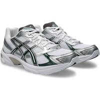 White and forest night Asics Gel-1130 trainers with mesh upper, metallic accents, and signature side stripes, size 8.