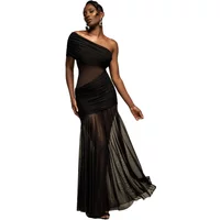 Black asymmetrical bodycon maxi dress with sheer mesh panels and one-shoulder design by Goddiva.