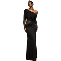 Asymmetrical black maxi dress with draped gathered neckline and sheer side panels for women by Goddiva.