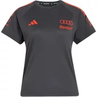 Dark gray Audi women's T-shirt by Adidas, red logos on chest and shoulders, short sleeves, crew neck.