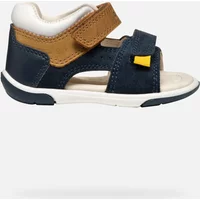 Baby boy sandal Geox Zapito B, navy and brown leather, velcro strap, open toe, cushioned white sole.