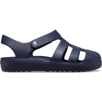 Navy blue Crocs Classic Fisherman baby clogs with adjustable strap and ventilation cutouts.