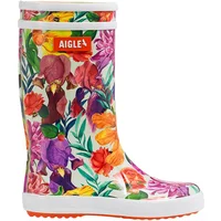 Colorful floral baby girl rain boots by Aigle with white trim and orange logo.
