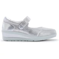 Silver baby hook-and-loop leather shoes for girls by Pédiconfort with a shiny finish and flat sole.