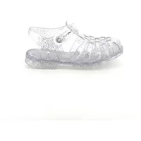 Clear jelly baby sandals with a T-strap design and buckle closure, featuring a textured sole and open toe.
