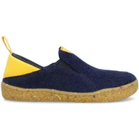 Navy blue baby slippers with yellow accents and cork sole, Groundies Uppsala design.