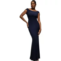 Backless navy Goddiva maxi dress with off-shoulder design and fitted silhouette.