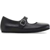 Black Birkenstock Santa Clarita ballet flats with buckle strap and rounded toe.