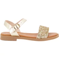 Gold glitter ballet flats with ankle strap and buckle, tan sole, by Les Tropeziennes par M.Belarbi.