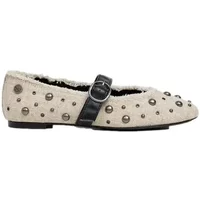 Beige ballet flats with black strap, metallic studs, and textured finish by Pepe Jeans.