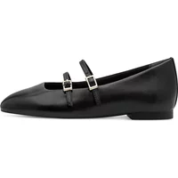 Black Tamaris ballet flats with dual buckle straps and pointed toe design.