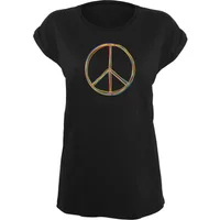 Black women's T-shirt by Merchcode with multicolor peace symbol on front, short sleeves, and relaxed fit.