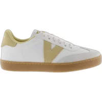 White and beige Victoria Berlin sneakers with faux leather and suede accents, gum sole, and lace-up design.