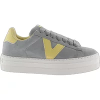 Gray suede Victoria Barcelona sneakers with yellow accents and a thick white sole.
