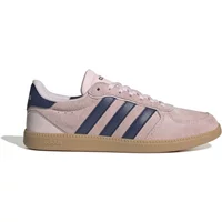 Pink Adidas Breaknet Sleek women's sneakers with navy stripes, white heel tab, and gum sole.
