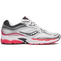 White and pink Saucony Progrid Omni 9 running shoe with mesh upper, black accents, and cushioned sole.