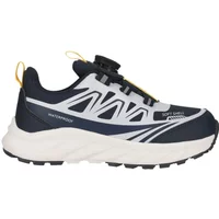 Black and white Zigzag Nuovo Q-Lock sneaker with yellow pull tab, waterproof mesh, and cushioned sole.