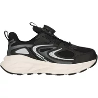 Black and gray athletic shoe with chunky white sole, featuring a unique Q-Lock lacing system and pull tab.